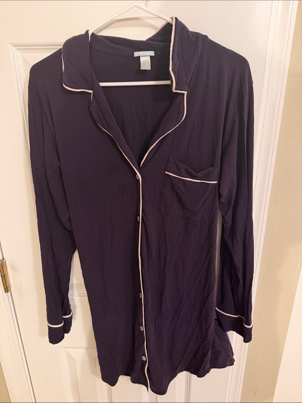 Women’s Eggplant Long-Sleeve Pajama Dress with Contrast Piping